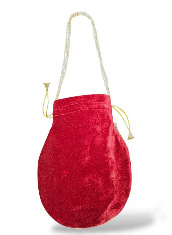 SUMERA WARQ Velvet Potli Bag, Red with Gold Embellishments and Pearl Detailing, Traditional Women's Handbag - Image 4